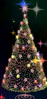 LED-lit Christmas tree with colorful decorations.