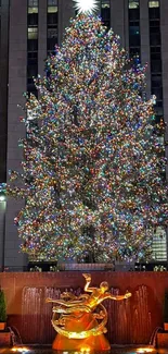 Illuminated Christmas tree in city center with dazzling lights at night.