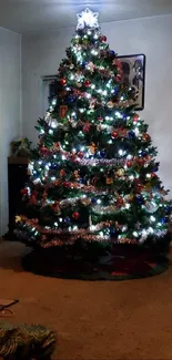 Illuminated Christmas tree with colorful lights and decorations.