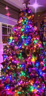 Colorful Christmas tree with bright lights.