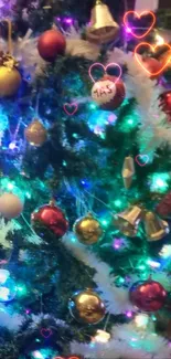 Christmas tree with colorful lights and ornaments.