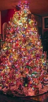 A colorful Christmas tree adorned with vibrant lights, creating a festive ambiance.