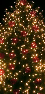 Festive Christmas tree with glowing lights and ornaments.