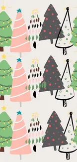 Festive patterned wallpaper with colorful Christmas trees.