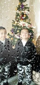 Festive Christmas scene with children and rain effect.