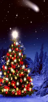 Festive Christmas tree under a starry night sky with glowing lights.