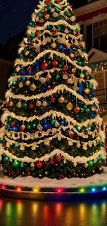 A beautifully decorated outdoor Christmas tree with colorful lights and ornaments.