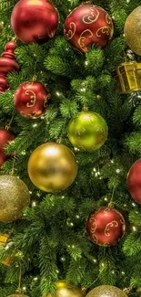 Christmas tree with colorful ornaments and glowing lights.