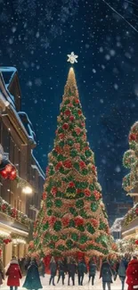 Illuminated Christmas tree on festive street with falling snow.