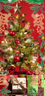 Christmas tree with gifts and ornaments on a red background.