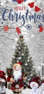 Christmas wallpaper with tree, Santa, and snowmen in snowy forest.