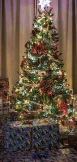 Beautifully decorated Christmas tree with vibrant lights and festive gifts.