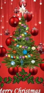 Festive Christmas tree with red ornaments and lights on a holiday wallpaper background.