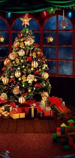 Christmas tree with ornaments and gifts under a starry window background.