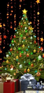 Festive Christmas tree with gifts and starry background