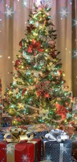 Decorated Christmas tree with gifts beneath.