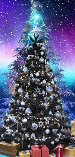 A beautifully decorated Christmas tree with gifts against a purple and blue snowy background.