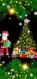 Christmas tree wallpaper featuring Santa and gifts with green garland.