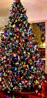 Festive Christmas tree with colorful lights and decorations in a cozy living room.