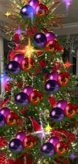 Festive Christmas tree with vibrant ornaments and sparkling lights.