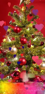 Festive Christmas tree adorned with colorful baubles and hearts on a red background.