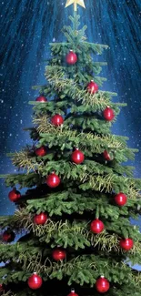 Festive Christmas tree with star and red ornaments on a starry blue background.