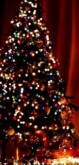 Festive Christmas tree with vibrant lights and ornaments glowing warmly.