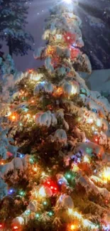 Snow-covered Christmas tree with festive colorful lights.