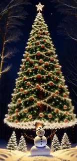 Festive holiday scene with tree and snowman.