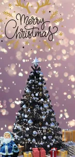 Decorative Christmas tree with gifts and a festive background.