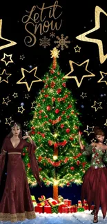 Festive Christmas tree with stars and holiday message wallpaper.