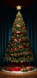 Elegant Christmas tree with gifts and sparkling lights.
