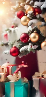 Christmas tree with red, gold ornaments and presents.