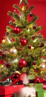 Vibrant Christmas tree with ornaments and gifts in red and green hues.