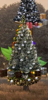 Christmas tree adorned with gifts and decorations in a scenic backdrop.