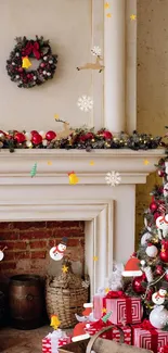 Festive Christmas tree with red ornaments by a cozy fireplace with gifts.