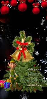 Christmas wallpaper with decorated tree, ornaments, and an elf.