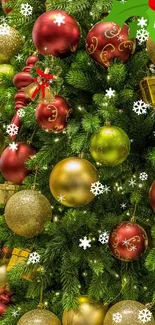 A vibrant Christmas tree adorned with colorful ornaments and snowflakes.