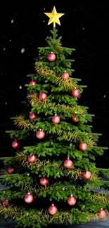 Vibrant Christmas tree with red ornaments and a star on a snowy backdrop.