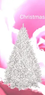 White Christmas tree on pink floral background wallpaper.