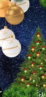 Christmas tree with ornaments and a starry night sky background.