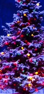 Snow-covered Christmas tree with colorful lights.