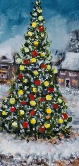 Decorated Christmas tree in snowy village scene.