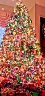 Vibrant Christmas tree with lights and ornaments.