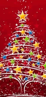 Colorful Christmas tree with stars on red background.