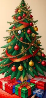 Beautifully decorated Christmas tree with colorful ornaments and wrapped gifts.