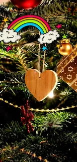 Christmas tree with heart and rainbow decor, festive and colorful.