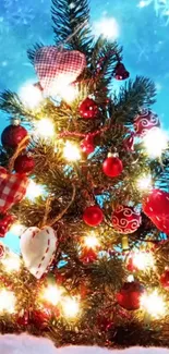 Festive Christmas tree with red ornaments and glowing lights on a blue background.