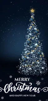 Mobile wallpaper with a sparkling Christmas tree against a dark blue starry background.