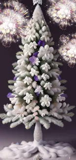 Christmas tree with fireworks background.